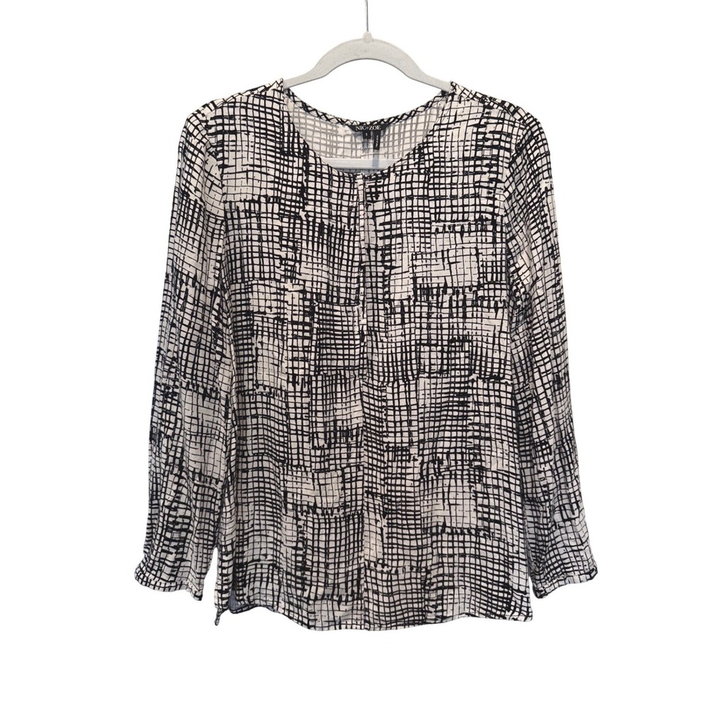 NIC+ZOE Womens‎ Modern Grid Print Blouse S Black White Snap Front Rayon Top